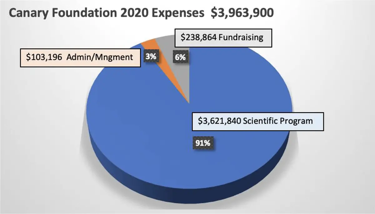 Canary Foundation 2020 Expenses Pie Chart showing 91% Scientific Programs, 6% Fundraising, 3% Admin/Management