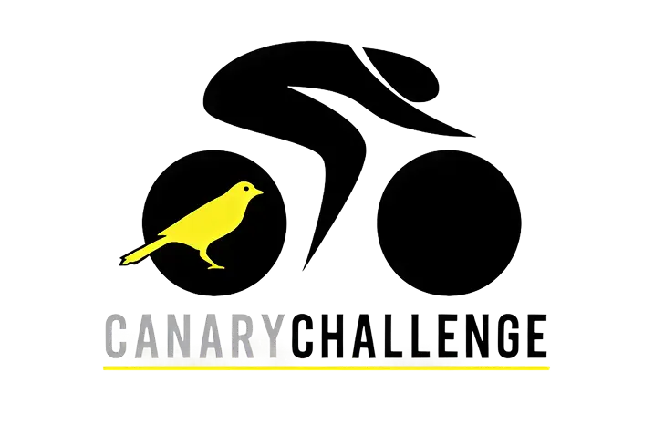 Historic Canary Challenge logo from past cycling fundraiser events featuring stylized cyclist figures with yellow canary bird